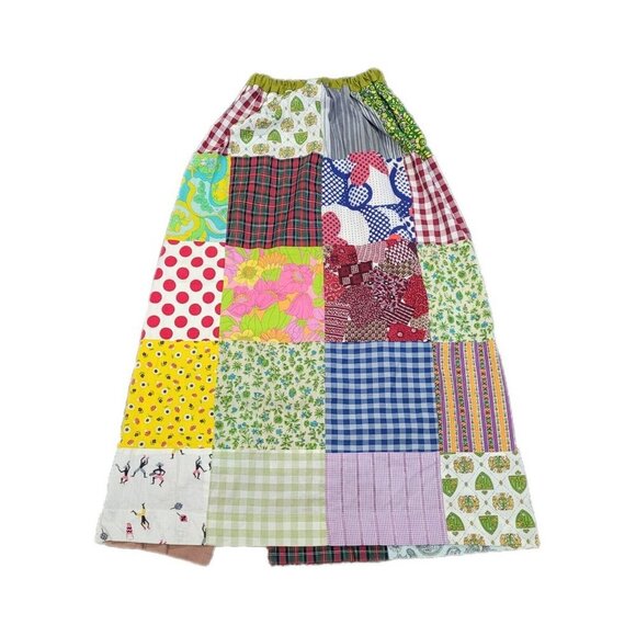 Vintage Handmade Maxi Patchwork Skirt Boho Retro Elastic Waist Slit - Picture 1 of 12